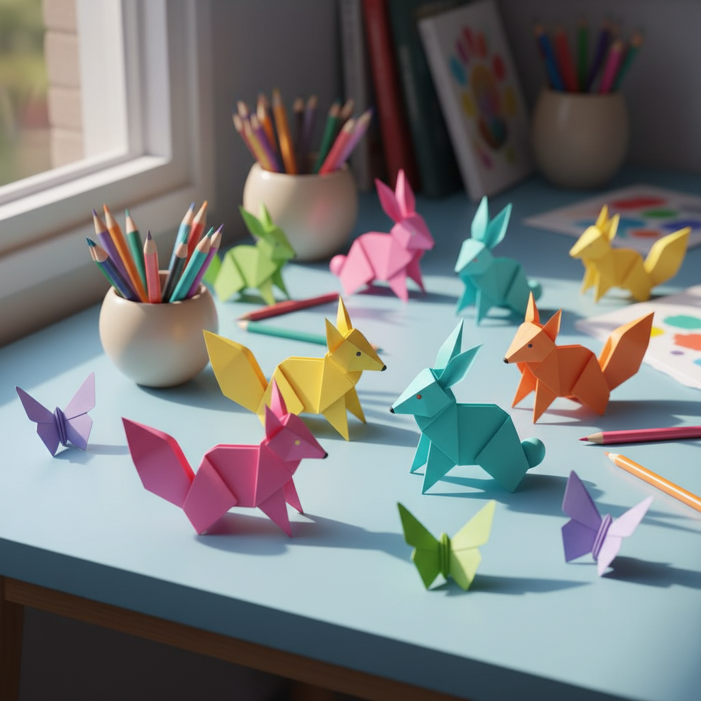 A playful arrangement of vividly colored paper origami animals—foxes, rabbits, and butterflies—scattered playfully across a pastel blue desk. Each origami creature boasts smooth curves, glossy finishes, and bold hues like pink, teal, and sunny yellow. Nestled among them are tiny, round bowls brimming with colored pencils and markers. Warm, natural light filters in from a nearby window, casting soft, whimsical shadows that enhance the forms and playful shapes. Captured at a slightly elevated angle with a balanced, inviting composition, the photograph has sharp foreground details and a softly blurred backdrop. The mood is joyful and energetic, reflecting a young writer’s creative process, with a bright photographic style emphasizing rounded forms and joyful color.