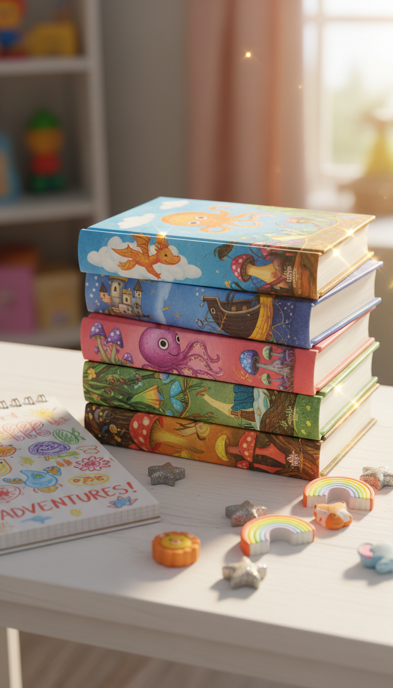 A vibrant stack of colorful hardcover children's storybooks, each with whimsical illustrations and rounded corners, carefully arranged atop a polished white wooden desk. Scattered around the books are playful erasers shaped like stars, rainbows, and animals, and an open notebook revealing bold, handwritten doodles. Sunlight streams in from a nearby window, creating bright, cheerful highlights across the glossy book covers and casting soft, rounded shadows. The mood is energetic and inviting, capturing the playful spirit of storytelling. Shot from a slightly elevated, eye-level angle with strong focus on the main stack, the surrounding elements in a soft bokeh. The style is photographic realism with a bright, lively, and whimsical atmosphere, perfectly evoking the creative world of a passionate young storyteller.